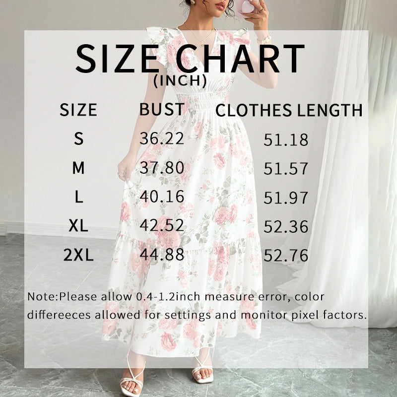 Womens Casual Summer Maxi Dress. Flutter Short Sleeve V Neck Smocked dress, A Line Flowy Beach Vacation Long Dresses