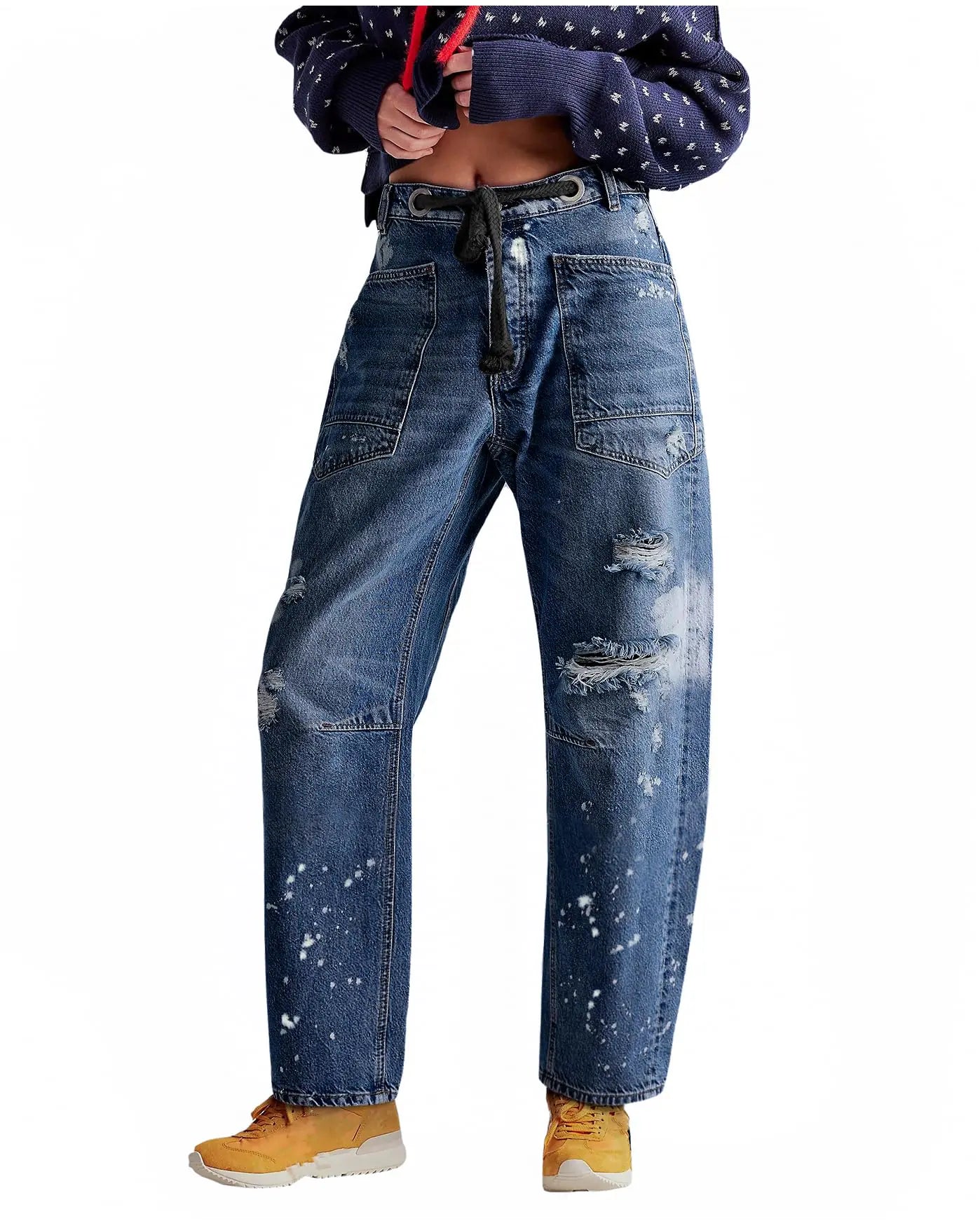Womens Baggy Barrel Jeans. Casual Boyfriend Mid Rise Drawstring Wide Leg Denim Pants