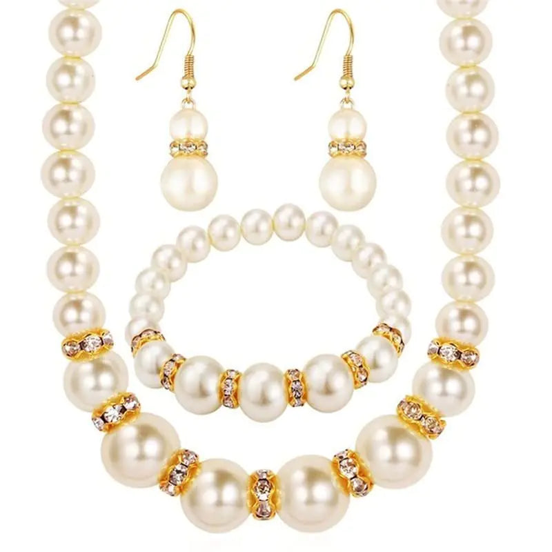 3 Pcs/Set Elegant Round Abs Imitation Pearl Acrylic Necklace Earrings Bracelet for Women. Wedding Engagement Jewellery Set