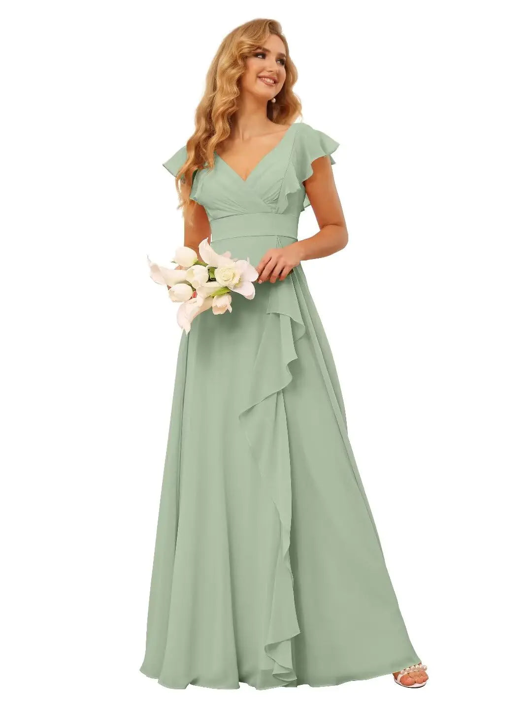 Ruffle Sage Green Chiffon Party Dresse. Split Aline Formal Evening Party Maxi Dress