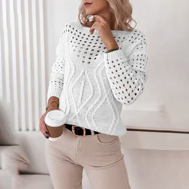 Women's Casual Long Sleeve Crew Neck Blouse. Lightweight Hollow Out Pullover Sweater Tops