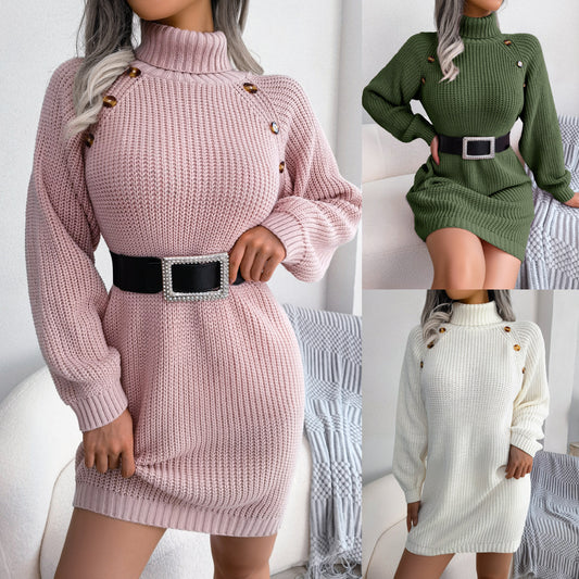 Winter Turtleneck Long Sleeve Sweater Dress With Button Design Leisure Clinch