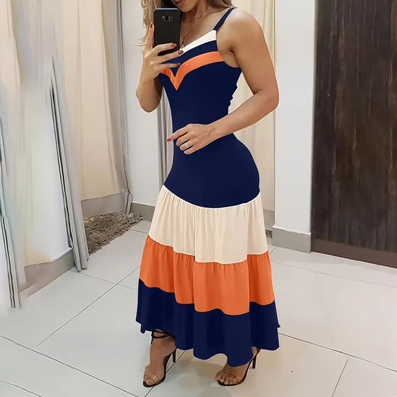 Women's Summer Casual Sleeveless Dress. V Neck Color Block Spaghetti Strap Maxi Long Dress