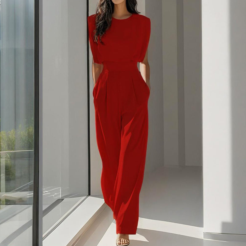 Women's Solid Color Round Neck Jumpsuits. Short Sleeve Wide-Leg, Waist Design & Pockets Casual Romper For Spring & Summer
