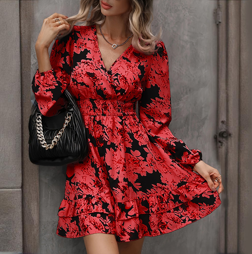 Women's Elegant Printed Lantern Sleeve A-Line Dress. V-Neck, Ruffled Gathered Waist Detail, Flowy Midi Dress For Casual & Formal Occasions