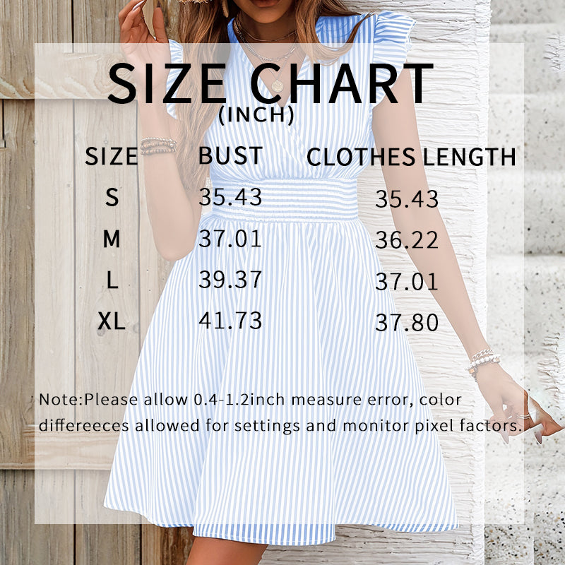 Women's Mini Dress. V Neck Flutter Sleeve Striped dress, Smocked Waist A Line Short Summer Dress