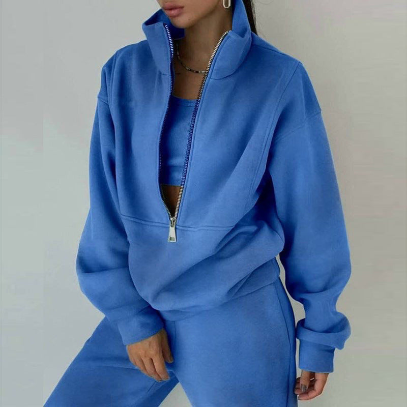 Zip Neck Long Sleeve Sweatshirt & Slim Fit Pants Set - 2 piece Sporty Streetwear women Outfit For Fall & Winter