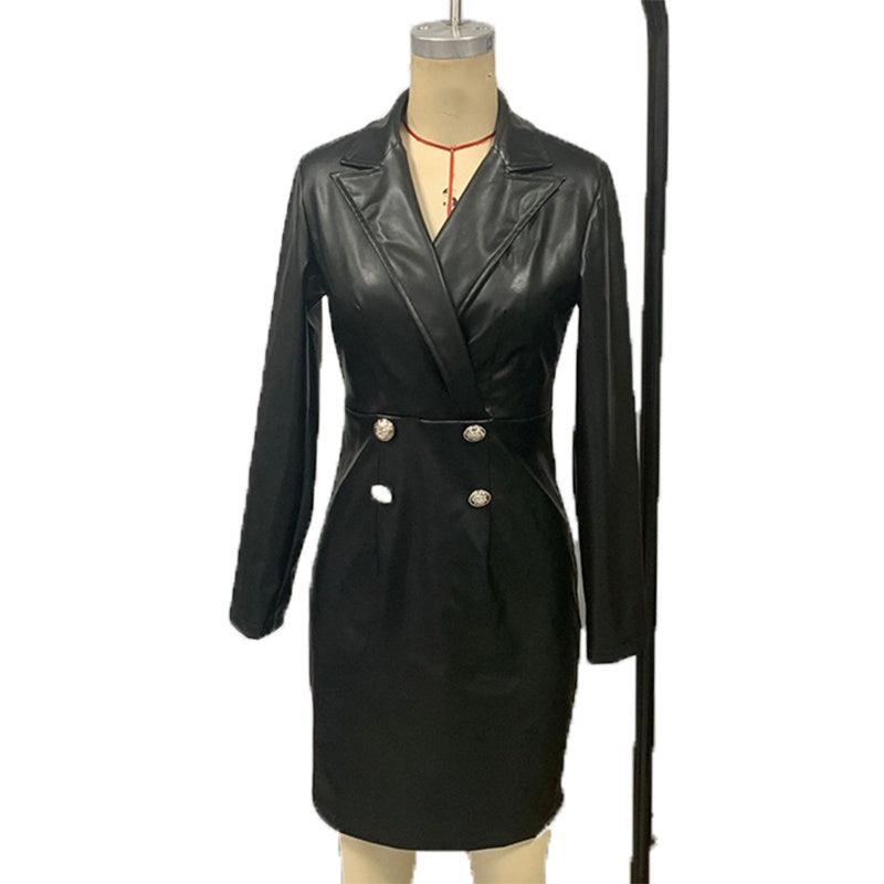 Women's Faux Leather Blazer Dress. Long Sleeve Midi Office Bodycon Dress