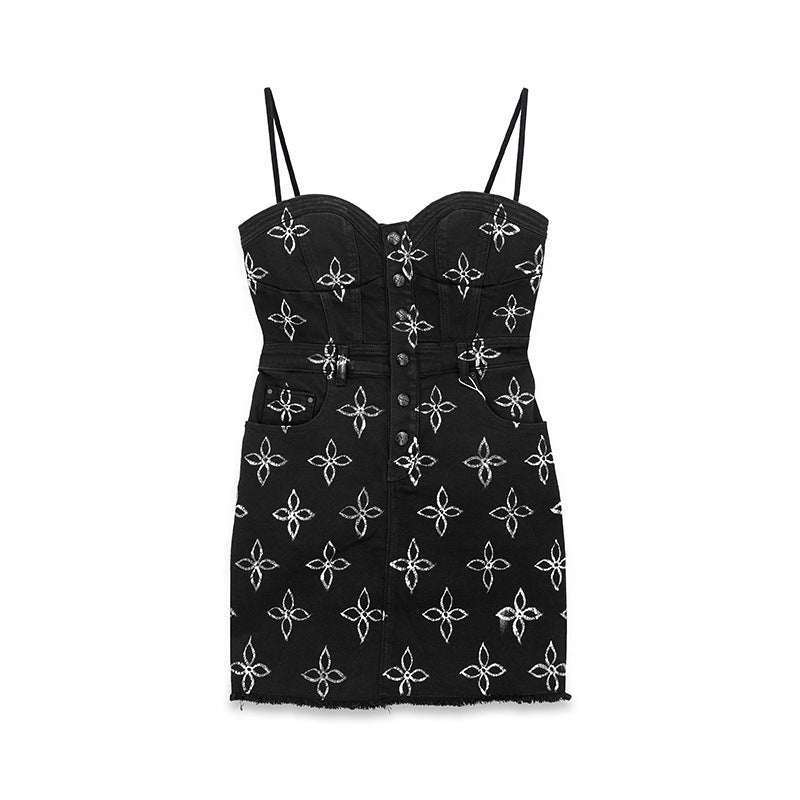 Garden Denim Suspender Skirt Denim Black
