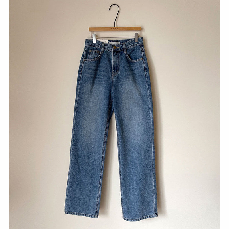 Korean Style Rolled-up Casual Jeans. High Waist Slim Straight Leg Pants Women