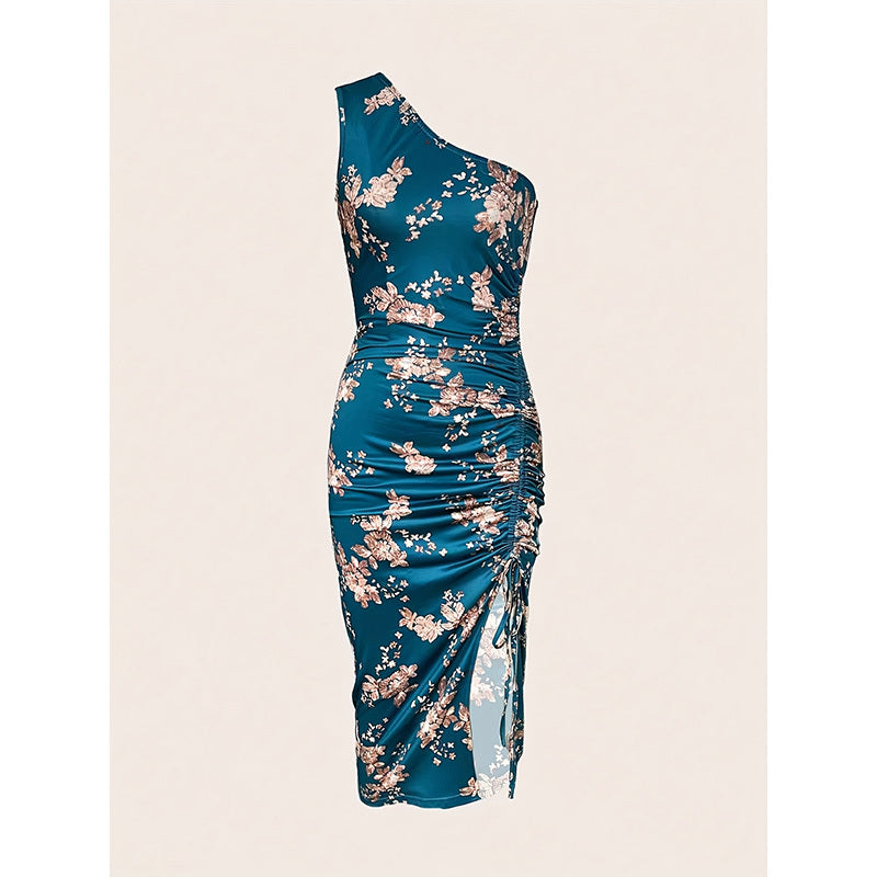 Women's One Shoulder Bodycon Dresses. Ruched High Split Floral Beach Cocktail Dresses.
