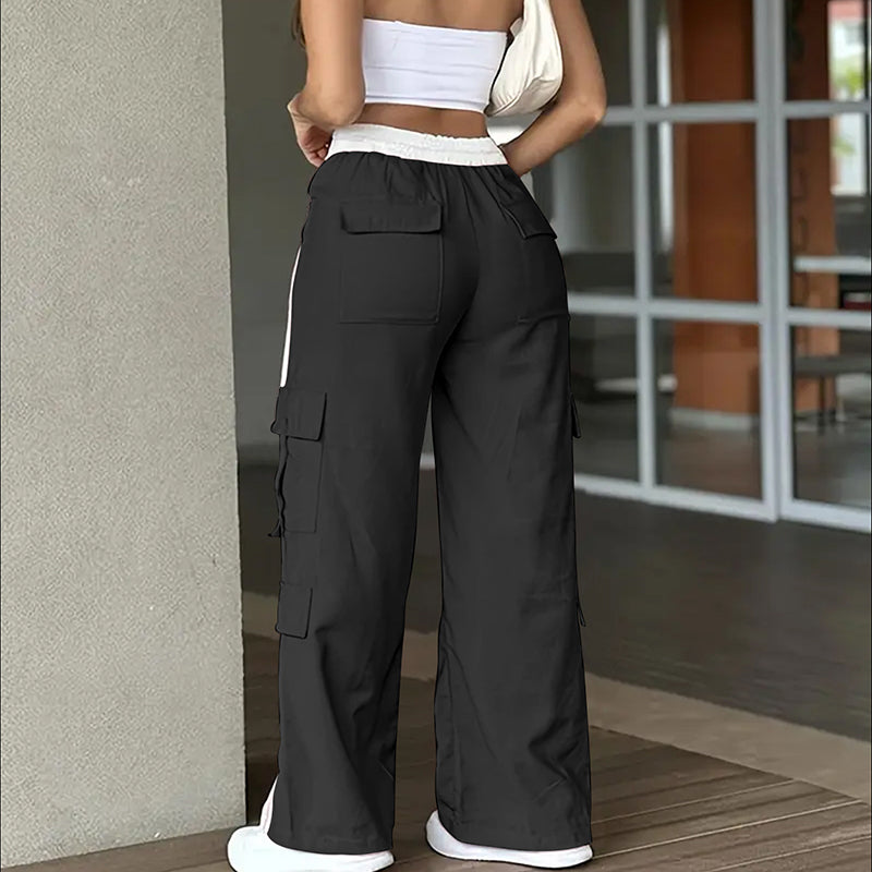 Women's Striped Straight Leg Pants. Button Zip With Pocket, Casual Trousers For Spring And Fall