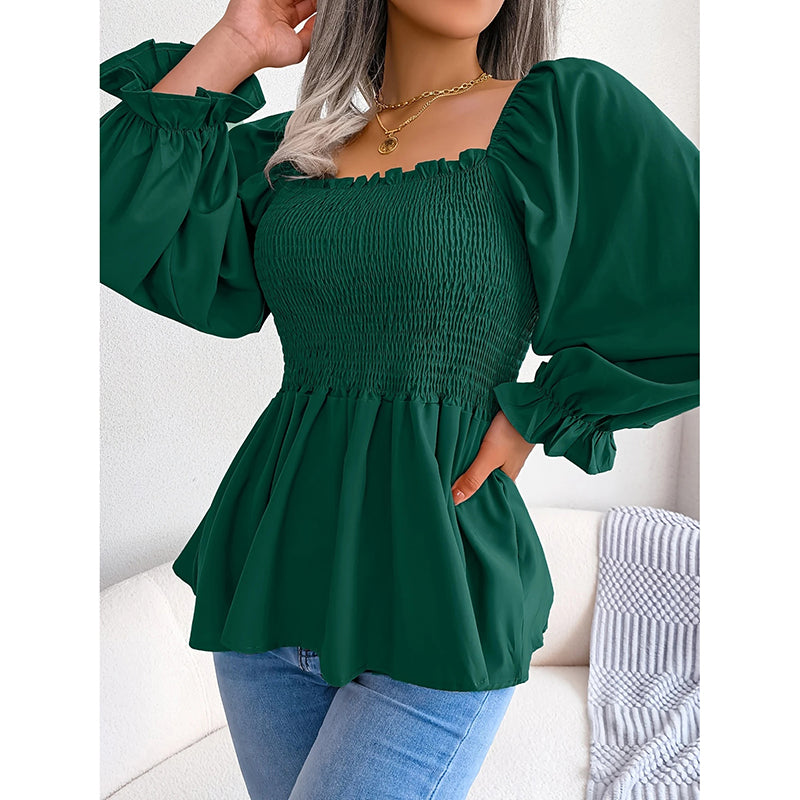 Women's Peplum Tops. Square Neck Ruffle Trim Long Sleeve Blouse, Smocked Top Dressy Casual Shirts