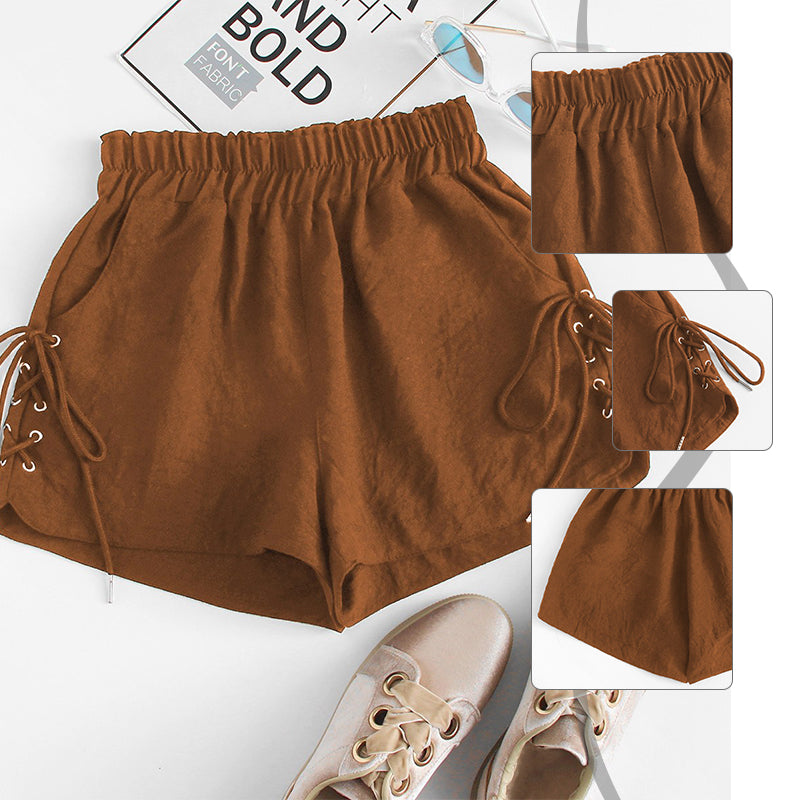 Brown Lace-Up Edge Shorts with Eyelet Detail