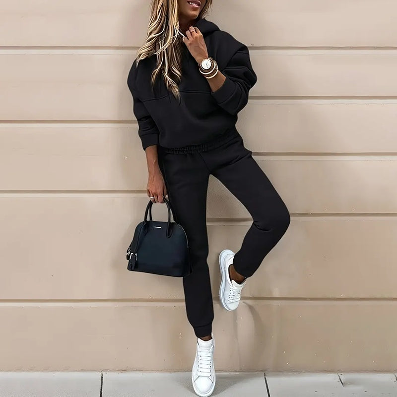 Women's Casual 2-Piece Tracksuit, Solid Color Hooded Sweatshirt And Slim Fit Jogger Pants, For Autumn And Winter