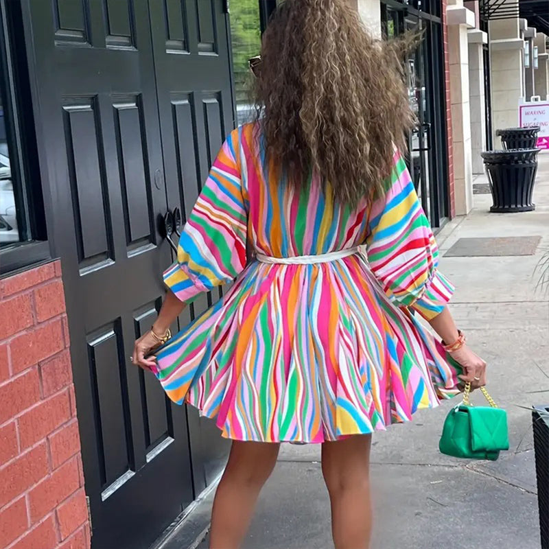 Women's V-Neck Rainbow Stripe Short Dress. Three Quarters Sleeve Casual Summer Sundress With Tie Waist