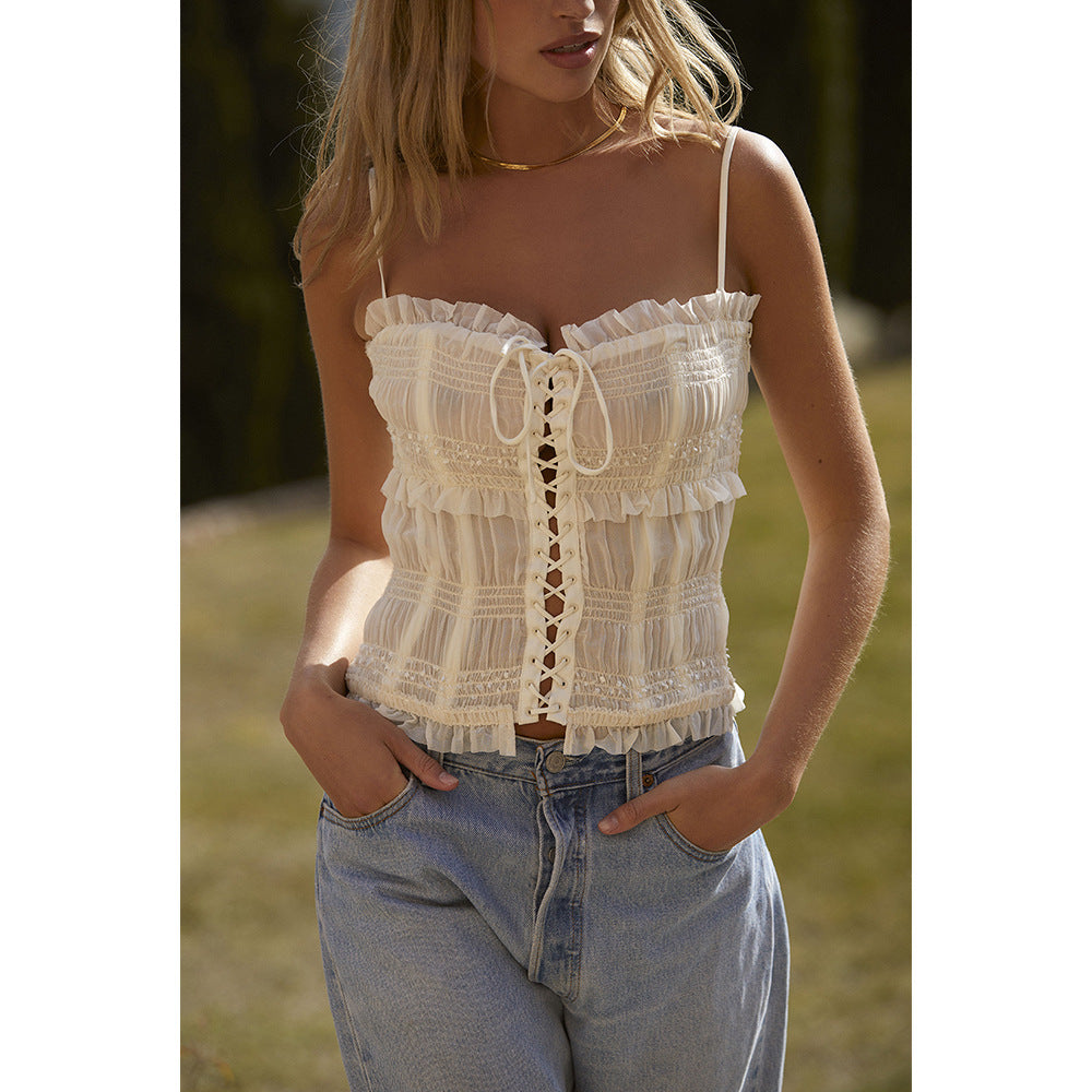 Summer blousesWomen's Crop Top with Ruffled Hem and Spaghetti Straps