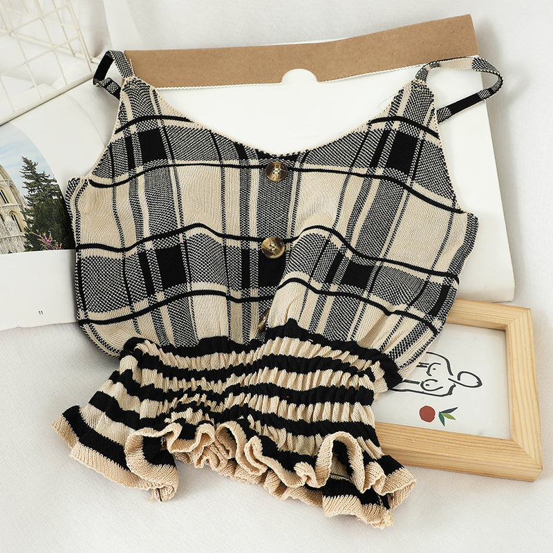 P601 Ruffled Hem Checkered Summer Knit Tank Top