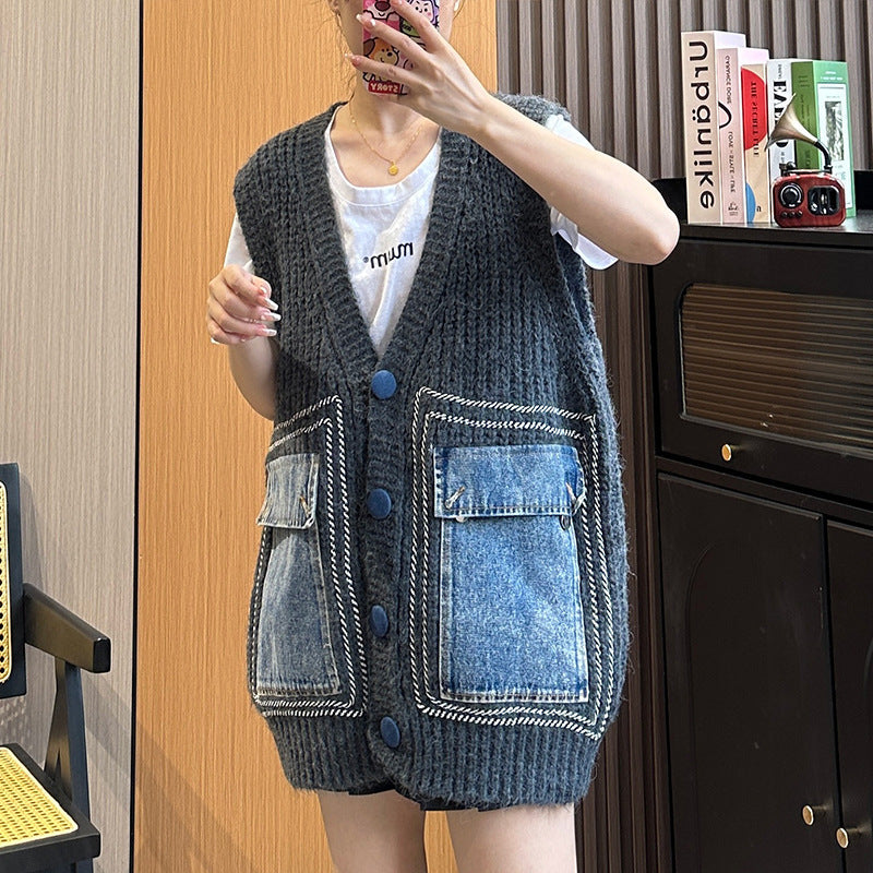 Denim Patchwork Knitting Vest Coat Women