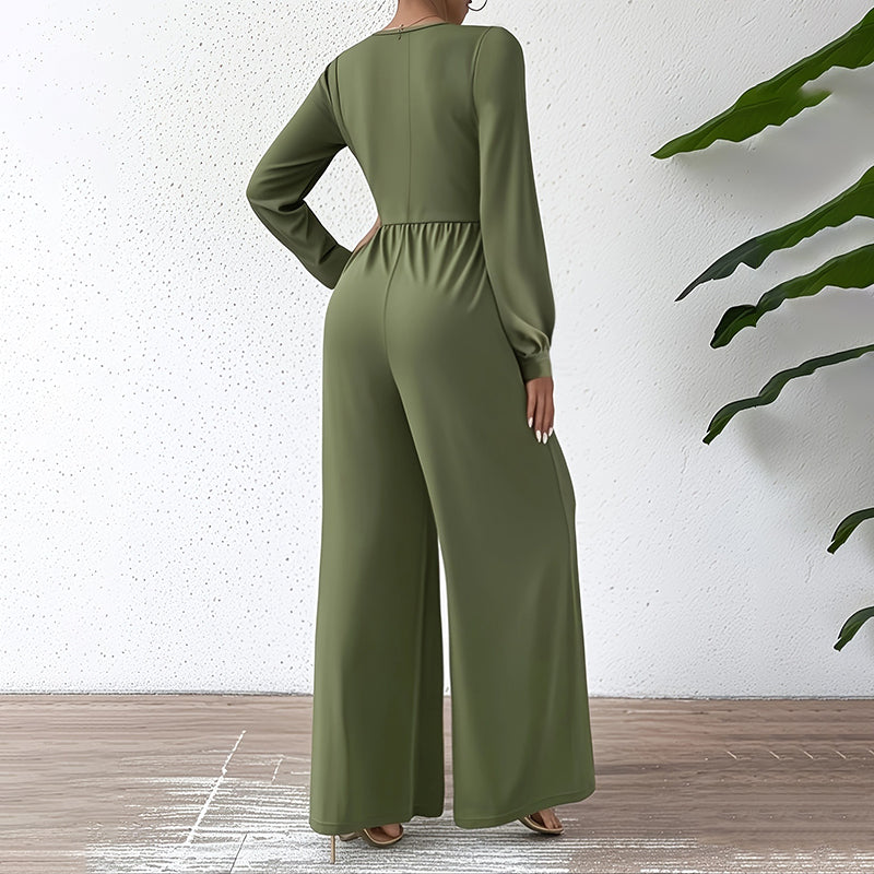 Elegant Jumpsuit With Cross V-Neck & Long Sleeve. Solid Color Belted Wide Leg Pantsuit For Office And Formal