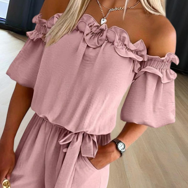 Women's Solid Color Elegant Off-Shoulder Jumpsuit. Ruffle Sleeves & Tie-Waist Summer Casual Romper
