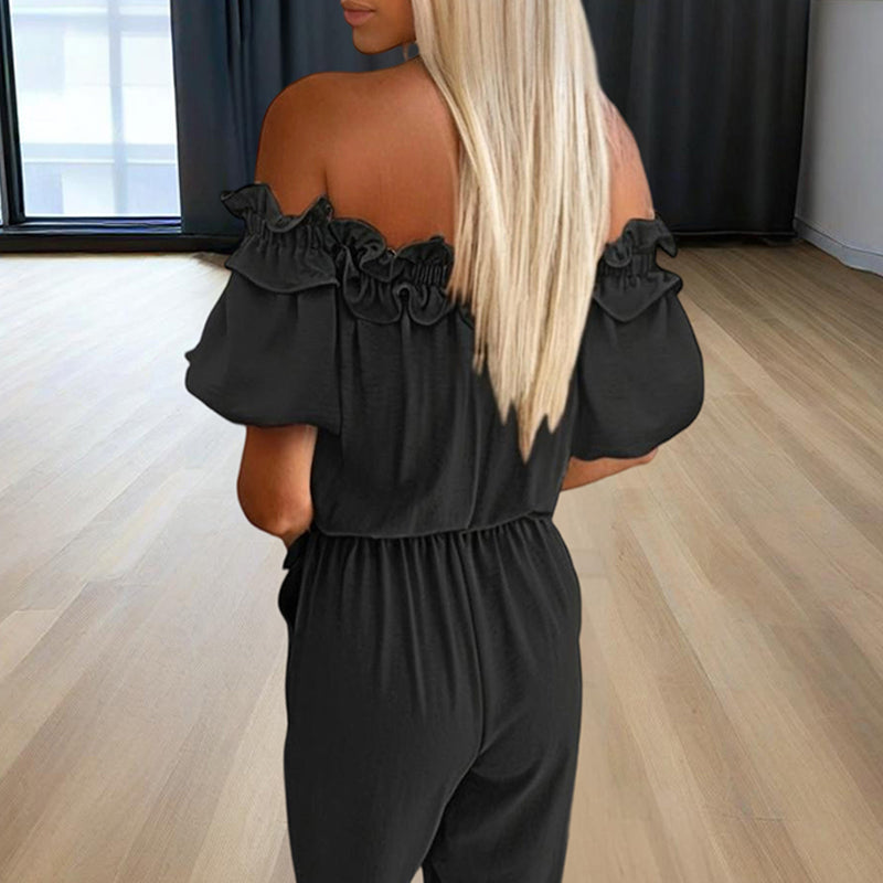 Women's Solid Color Elegant Off-Shoulder Jumpsuit. Ruffle Sleeves & Tie-Waist Summer Casual Romper