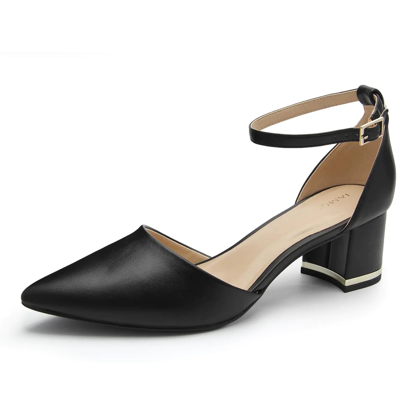 Pointed Toe Low Chunky Heels. Closed Toe pumps for Women, Chunky block shoes with Ankle Strap, 2.25 Inch
