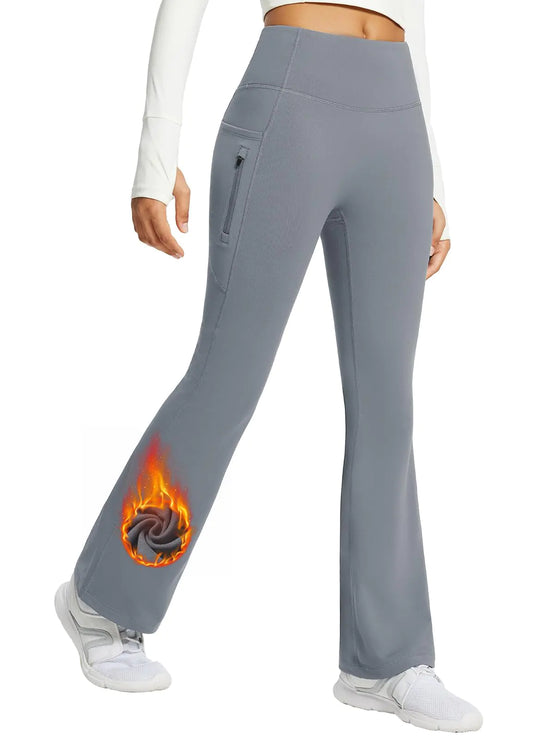 Womens Fleece Lined Pants. Winter Thermal Warm Yoga Pants, Flare Waterproof Warm Bell Bottom Leggings with Pockets