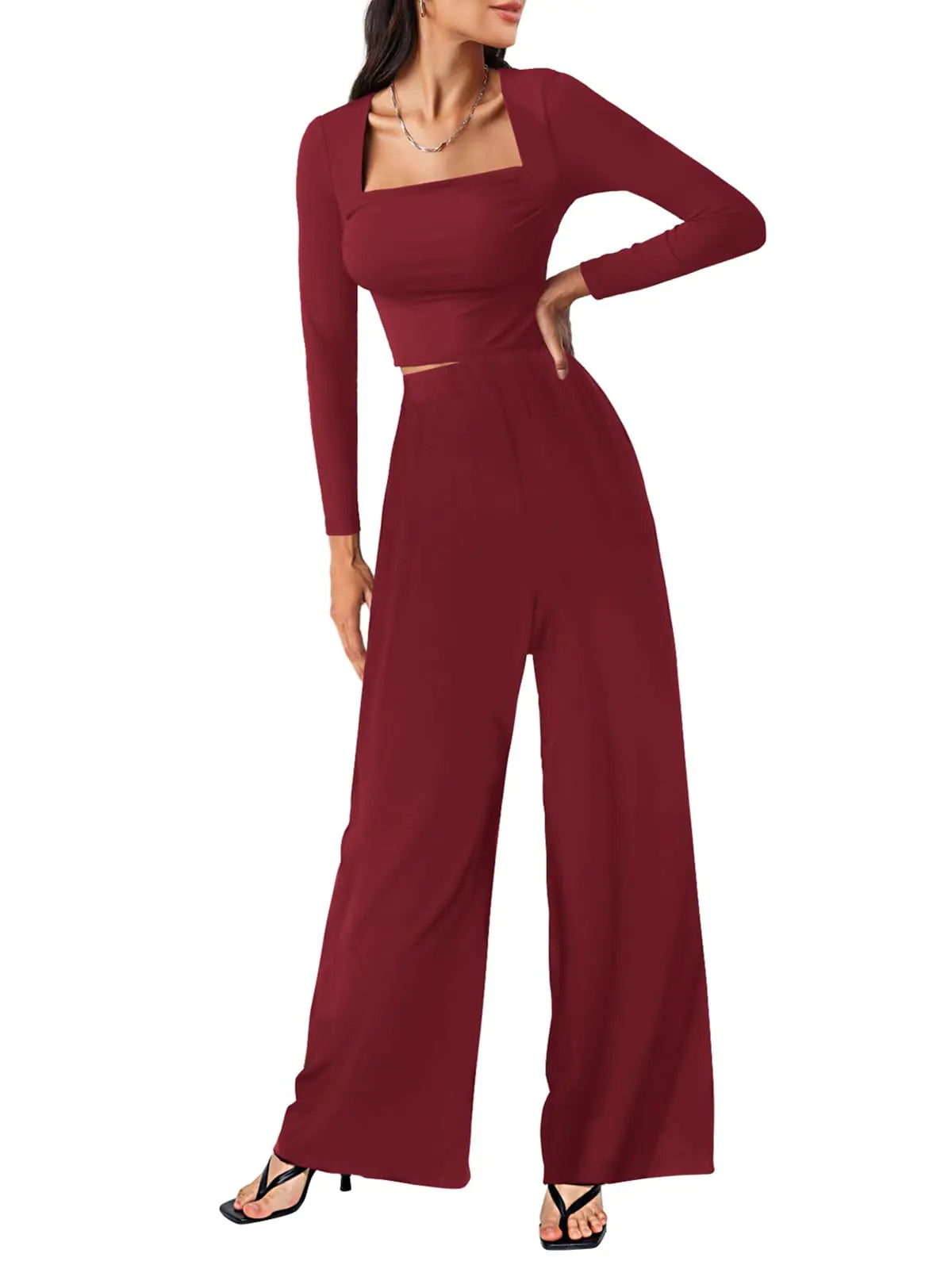 2 Piece Long Sleeve Square Neck Tops and Wide Leg Pants with Pockets. Lounge Sets Tracksuit for women
