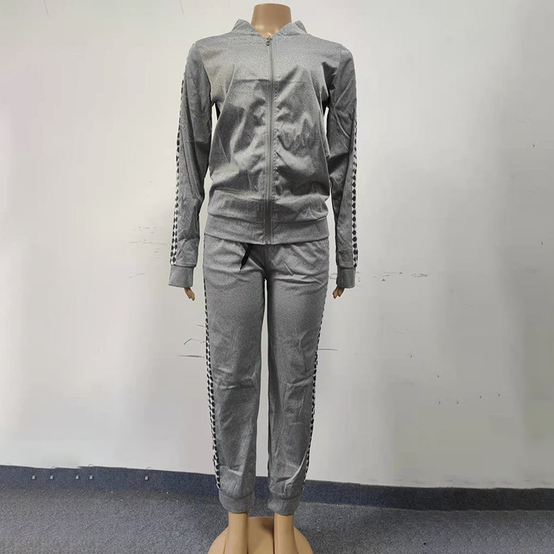 Print & Plaid Zip-Front Top and Tie-Waist Pants Set, 2-Piece Casual Loungewear For Women Spring And Fall