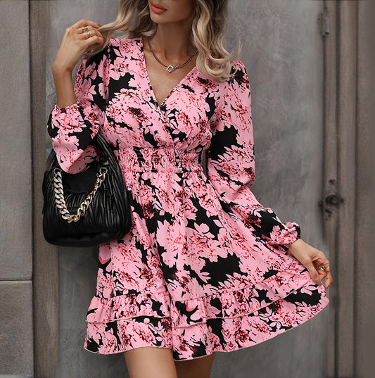 Women's Elegant Printed Lantern Sleeve A-Line Dress. V-Neck, Ruffled Gathered Waist Detail, Flowy Midi Dress For Casual & Formal Occasions