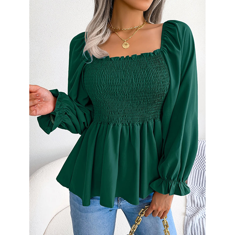Women's Peplum Tops. Square Neck Ruffle Trim Long Sleeve Blouse, Smocked Top Dressy Casual Shirts