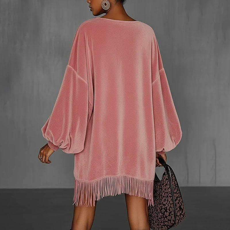 Women's Fringe Hem Mini Dress, Drop Shoulder Long Sleeve Casual Short Dress