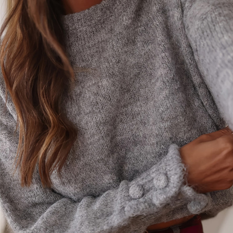 Ruffle Cuff Sweater for Women - Soft Round Neck Long Sleeve Casual Top For Chic Everyday Outfits