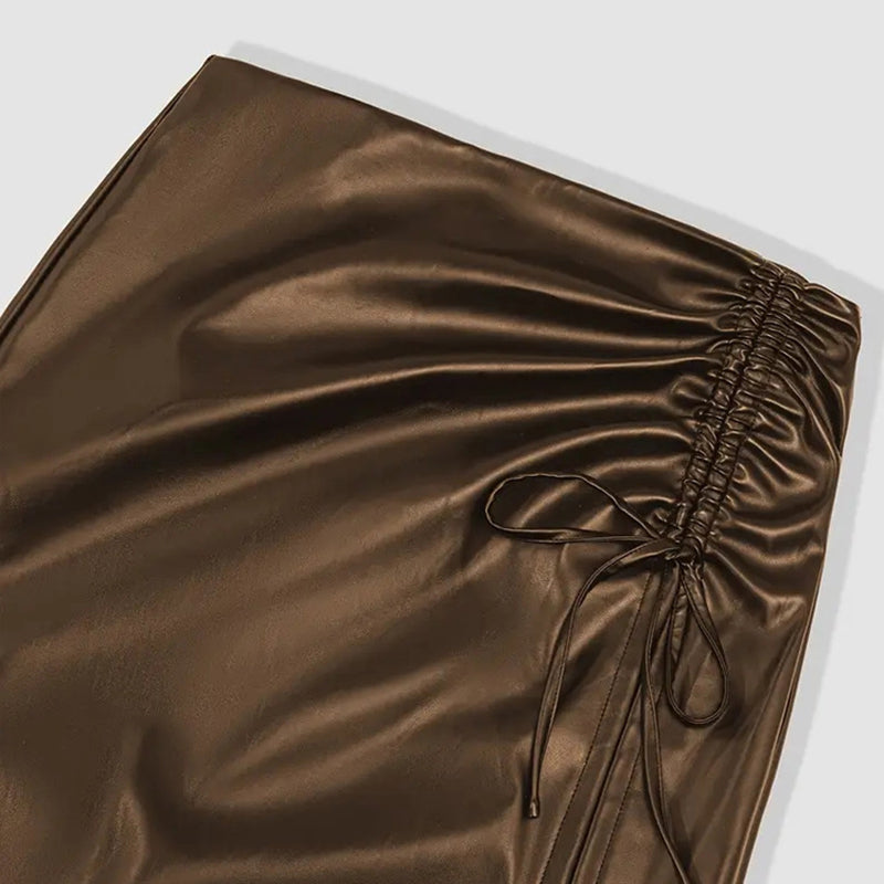 Women's Solid Color PU Leather Pencil Skirt, Drawstring Waist Bodycon Midi Skirt With Slit Hem