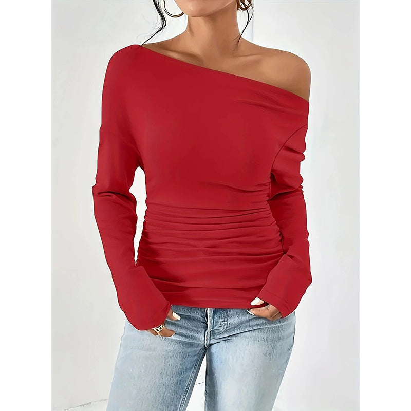 Women's Off The Shoulder Long Sleeve Tops. Going Out Casual Trendy Ruched Slim Fitted blouses