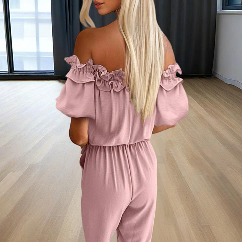 Women's Solid Color Elegant Off-Shoulder Jumpsuit. Ruffle Sleeves & Tie-Waist Summer Casual Romper