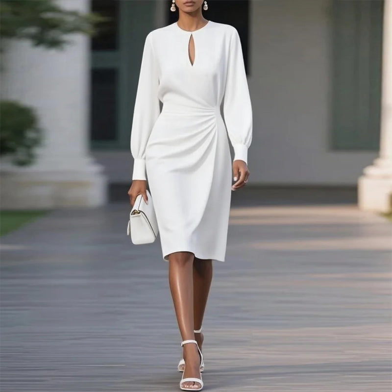 Women's Solid Color Ruffle Sleeve Bodycon Dress, Round Neck Slit Midi Dress For Spring And Summer