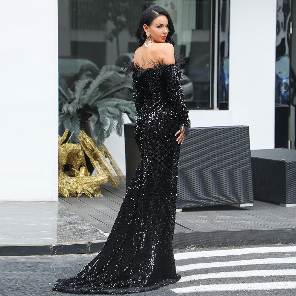 Women Off Shoulder Long Sleeve Feather Dress. Elegant Sequin Maxi Dress