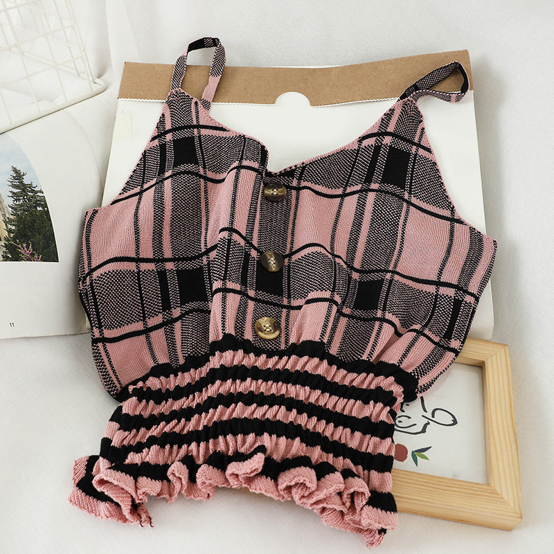 P601 Ruffled Hem Checkered Summer Knit Tank Top