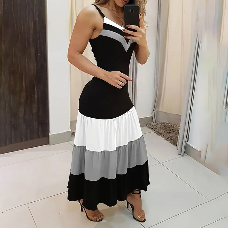 Women's Summer Casual Sleeveless Dress. V Neck Color Block Spaghetti Strap Maxi Long Dress