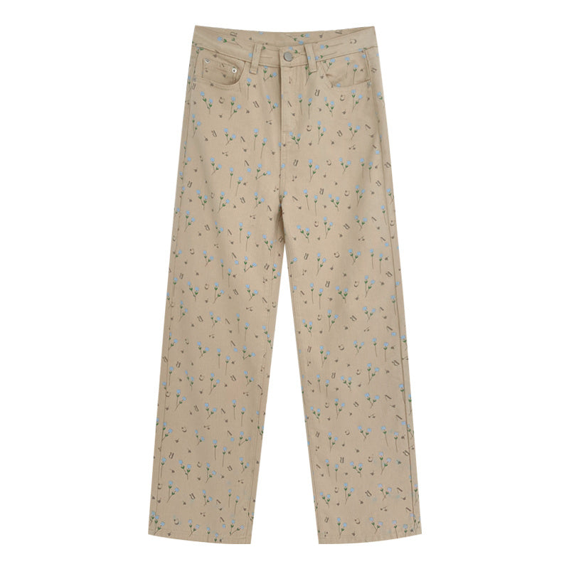 Refreshing Retro Small Floral, Casual Loose Colored High Waisted Jeans For Women