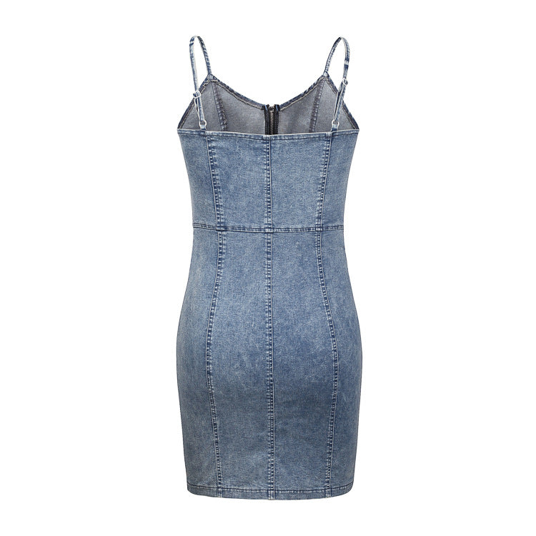 Zip Neck Denim Bodycon Dress