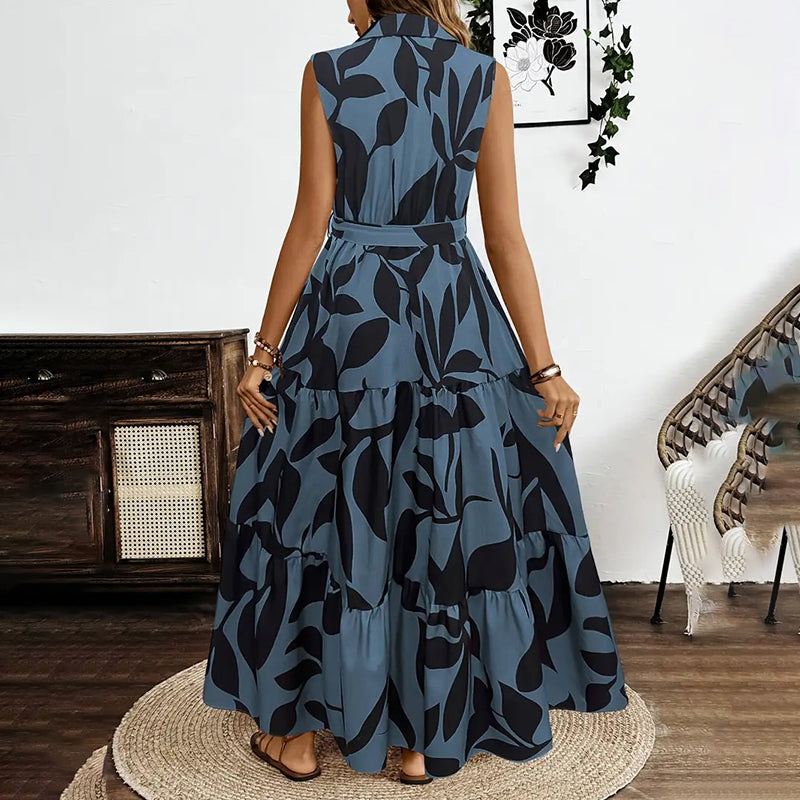 Women Sleeveless Boho Floral Maxi Dress. Summer V Neck Flowy Belted Beach Vacation Dresses
