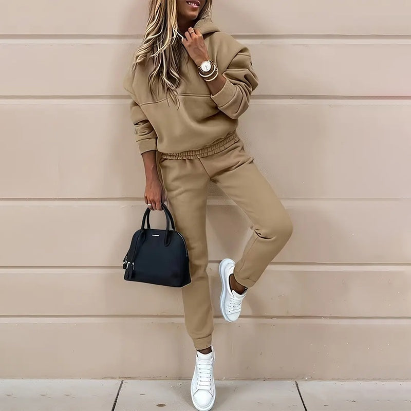 Women's Casual 2-Piece Tracksuit, Solid Color Hooded Sweatshirt And Slim Fit Jogger Pants, For Autumn And Winter