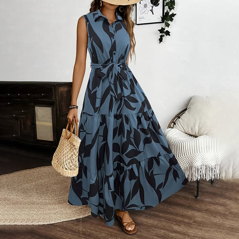 Women Sleeveless Boho Floral Maxi Dress. Summer V Neck Flowy Belted Beach Vacation Dresses