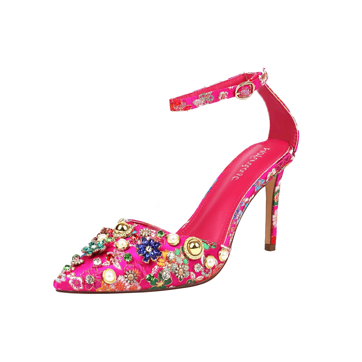 Ankle Strap Colorful Rhinestones Heels. Floral Print Embroidery Pumps Sandals, Daily Prom Party Shoes