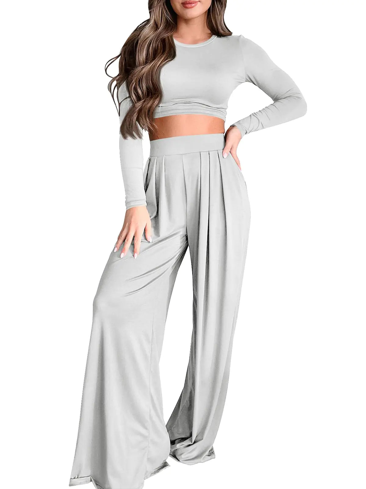 Womens 2 Piece Lounge Set. Fall Long Sleeve Crop Top & Wide Leg Palazzo Pants Matching Tracksuits