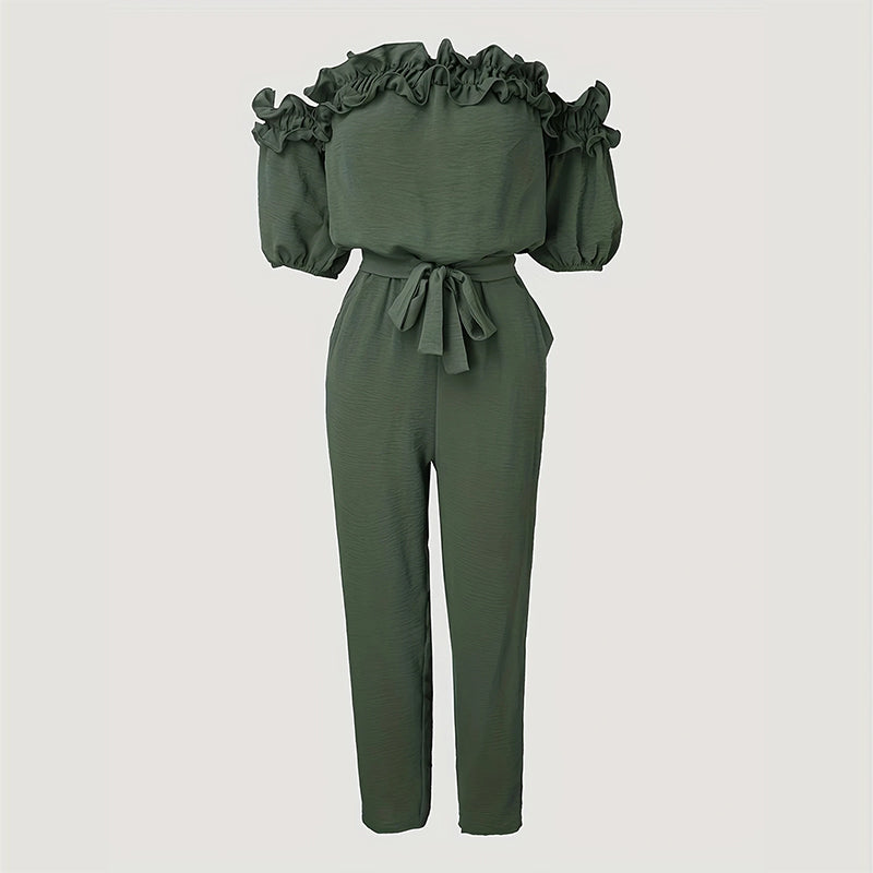 Women's Solid Color Elegant Off-Shoulder Jumpsuit. Ruffle Sleeves & Tie-Waist Summer Casual Romper