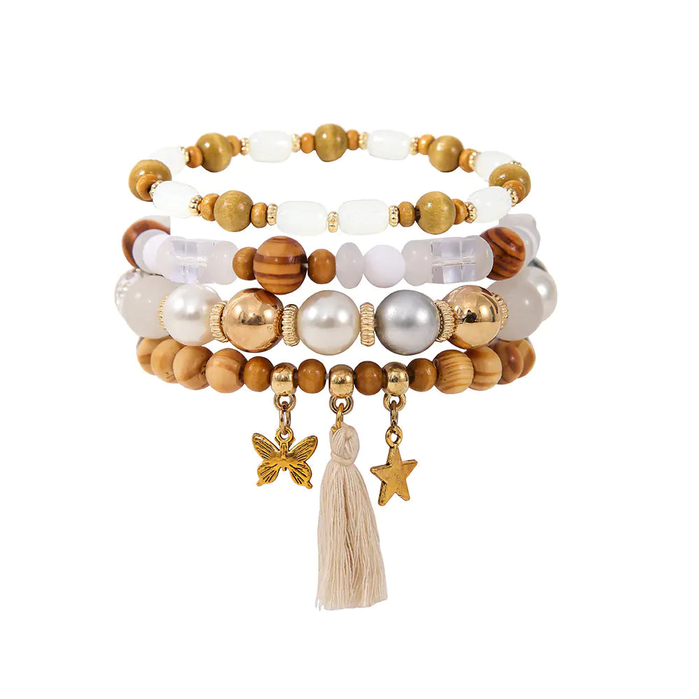 Ethnic Wooden Bead Tassel Bracelet Set